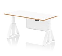 Oslo 1600mm Height Adjustable Office Desk White Top Natural Wood Edge White Frame With White Steel Modesty Panel with Piste Foot
