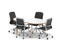 Oslo 1800mm Oval Boardroom Table White Top Natural Wood Edge White Frame with Set of Four Lucia Executive Chairs Chrome Frame