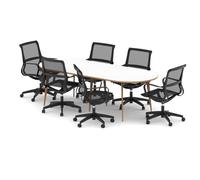 Oslo 2400mm Oval Boardroom Table White Top Natural Wood Edge White Frame with Set of Six Lula Mesh Chairs