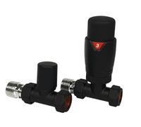 Oslo Black Straight Thermostatic TRV Radiator & Towel Rail Valve 1/2"-15mm | Designer, TRV + Lock shield Set, Central Heating