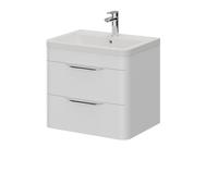 Oslo Wall Mounted 2 Drawer Vanity Unit and Ceramic Basin with 1 Tap Hole | Gloss White | MDF | 600mm