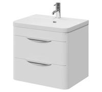 Oslo Wall Mounted 2 Drawer Vanity Unit and Curved Thin Edge Basin with 1 Tap Hole | Gloss White | MFC | 600mm