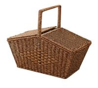 Osmond Pastoral Style Hand Basket with Lid Imitation Rattan Woven Picnic Basket Fruit Snacks Sundries Storage Basket B