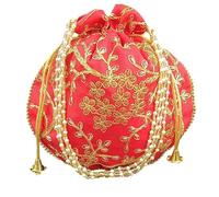 OSNICA Potli Bag, Handbag, Wristlets, Clutch for Women, Girls with Handmade Embroidery, Intricate Gold Thread & Sequin Ethnic Designe, Weddings occasion Embroidered Women (Red)