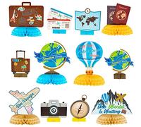 OSNIE 12Pcs Travel Themed Honeycomb Centerpieces Table Toppers Adventure Awaits Party Decor Travel Around The World Bon Voyage Table Decor Photo Props for Let The Adventure Begin Going Away Party