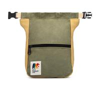Oso Supply Co Kulshan Boulder Bucket, large chalk bag for climbing, chalk pot with magnetic roll-down closure, brush loop, zipper pockets for climbers, cedar green and light brown