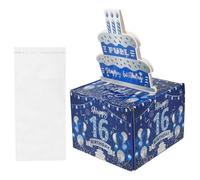 OSOLADY 16th Birthday Money Pull Box Party Prop Blue Silver Cash Pulling Cake Box Surprise Gift for Teens with Bags