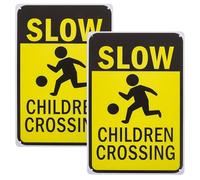 OSOLADY 2pcs Safety Signs Slow down Crossing Yellow Iron Weather Resistant Warning Signs for Schools Neighborhoods Increasing Awareness