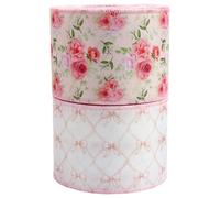 OSOLADY 2Roll Mother's Day Ribbon Decor - 5 Yards Flower Printed Wired Craft Ribbon - Decorative for Party Holiday Wrapping Present Bows Wreath Making 6.3cm/2.48''