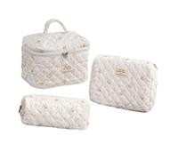 OSOLADY 3pcs Floral Cotton Makeup Bag Set Cute Portable Toiletry Organizer for Women Includes Large Handheld Pencil Case for Travel and Daily Use