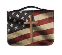 OSOLADY Handle Bible Cover: USA Flag Carrying Case - Faux Leather Book Tote Church Bag - Retro Multi-Pockets Protector with Zipper Pocket - Christian Present for Men Women