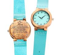 OSOLVE Leather Bracelet Elegant Unique Blue Leather Band Wooden Women Watches Carving Word to My Mom/Wife Ladies Wrist Watch Timepieces Boyfriend Gift