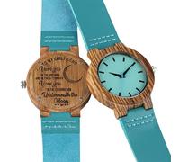 OSOLVE Leather Bracelet Elegant Unique Blue Leather Band Wooden Women Watches Carving Word to My Mom/Wife Ladies Wrist Watch Timepieces Boyfriend Gift