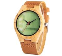 OSOLVE Leather Bracelet Forest Green Wooden Dial Quartz Men Watch Simple Casual Mens Genuine Leather Wristwatch Stylish Natural Bamboo Wood Clock