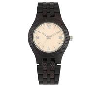OSOLVE Leather Bracelet Luxury Ebony Wood Watch Men Carving Stripes Roman Numerals Display Round Wooden Bangle Quartz Timepiece Casual Male Clock