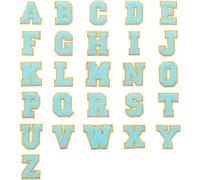 OsouYY Iron-on Chenille Letter Patches, A-Z Alphabet Set, 26 Pieces, Light Blue with Gold Trim for Clothing and Bags