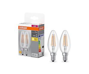 OSRAM Base Classic B Fil 40 Led Lamp with E14 Base, Mini Candle Shape, Twin Pack, 4W, 470Lm, 2700K, Warm White Light, Low Heat Output, Long Life, Low Energy Consumption
