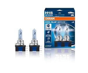 OSRAM COOL BLUE INTENSE H15, +20% more brightness, up to 3,700K, halogen headlight lamp, LED look, duo box (2 lamps) 64176CBN-HCB