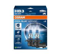 OSRAM COOL BLUE® INTENSE HB3, +100% more brightness, up to 5,000K, halogen headlight lamp, LED look, Hanging folding box (2 lamps)