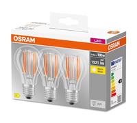 OSRAM LED Base Classic A100, Clear Filament LED Lamps Made of Glass for E27 Base, Bulb Shape, Warm White (2700K), 1521 Lumen, Replacement for Conventional 100W Bulbs, Box of 3