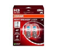 OSRAM NIGHT BREAKER LASER H3, +150% more brightness, halogen headlight lamp, 64151NL-2HB, 12V, Hanging folding box (2 lamps), white