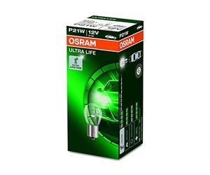OSRAM ULTRA LIFE P21W, halogen signal lamp, brake light, rear fog light, 7506ULT, 12 V passenger car, folding carton box (10 unit)