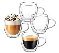 Osrioal Double Walled Glass Mugs, 4 x 250ml Glass Coffee Mugs, Heat Resistant Coffee Cups, Clear Coffee Glasses with Handle, for Cappuccino Tea Milk Latte Juice
