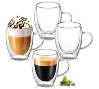 Osrioal Double Walled Glass Mugs, 4 x 350ml Glass Coffee Mugs, Heat Resistant Coffee Cups, Clear Coffee Glasses with Handle for Cappuccino Tea Milk Latte Juice