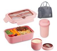 Osrioal Lunch Box Adults, Bento Box Set with Lunch Bag, Utensils, Water Cup, Oats Container, Leakproof Lunchbox for Students Men Women School Office Pink