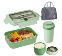 Osrioal Lunch Box Adults, Bento Box Set with Lunch Bag, Utensils, Water Cup, Oats Container, Leakproof Lunchbox for Students Men Women School Office Green