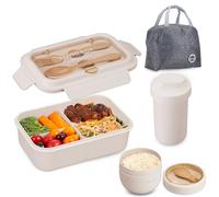 Osrioal Lunch Box Adults, Bento Box Set with Lunch Bag, Utensils, Water Cup, Oats Container, Leakproof Lunchbox for Students Men Women School Office Beige