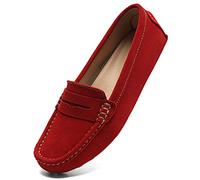 Osslue Women's Suede Leather Casual Penny Loafers Retro Ladies Moccasins Driving Mocs Comfort Slip-On Fashion Boat Shoes Classic Flats, Red, 9.5