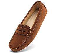 Osslue Women's Suede Leather Casual Penny Loafers Retro Ladies Moccasins Driving Mocs Comfort Slip-On Fashion Boat Shoes Classic Flats, Brown, 5.5 UK