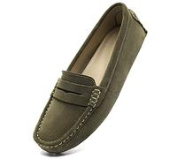 Osslue Women's Suede Leather Casual Penny Loafers Retro Ladies Moccasins Driving Mocs Comfort Slip-On Fashion Boat Shoes Classic Flats, Olive, 3 UK