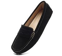 Osslue Women's Suede Leather Casual Penny Loafers Retro Ladies Moccasins Driving Mocs Comfort Slip-On Fashion Boat Shoes Classic Flats, Black, 9.5