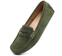 Osslue Women's Suede Leather Casual Penny Loafers Retro Ladies Moccasins Driving Mocs Comfort Slip-On Fashion Boat Shoes Classic Flats, Army Green, 10.5