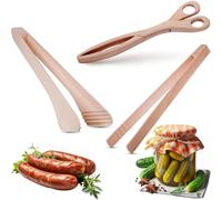 OSTENTO Wooden Kitchen Tongs, Wooden Tongs, Grill, Wood Scissors, Kitchen, Kitchen Tongs Set for Sausages, Toast, Fruit, Bread, Cucumbers, Salad (3, 2 Wooden Tongs + 1 Wooden Scissors)