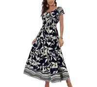 OSTOO Women's 2025 Summer Short Sleeves Boho Floral Print Tiered Casual Flowy Long Maxi Dress, Navy Leaf Flowers, M