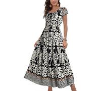 OSTOO Women's 2026 Summer Short Sleeves Boho Floral Print Tiered Casual Flowy Long Maxi Dress, Black Flower, S