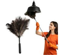 Ostrich Feather Duster, Short Handle Extendable Duster 40-116 cm for Cleaning, Reusable Anti-Static Feather Duster for High Ceilings,Lamps, Cabinets, Furniture