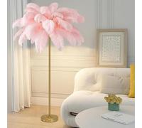 Ostrich Feather Floor Lamp, Modern Gold Finish Standing Light with Foot Switch and Blue Lampshade for Living Room