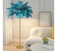 Ostrich Feather Floor Lamp, Modern Gold Finish Standing Light with Foot Switch and Blue Lampshade for Living Room