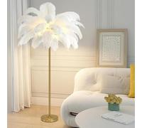 Ostrich Feather Floor Lamp, Modern Gold Finish Standing Light with Foot Switch and Blue Lampshade for Living Room