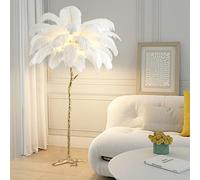 Ostrich Feather Floor Lamp with 35 Feathers Lampshade - Large Standing Lamp for Bedrooms and Living Rooms, 170 * 110cm, Gold Resin Pole, White