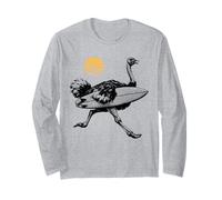 Ostrich Running with Surfboard, Retro Sun, Summer Surfing Long Sleeve T-Shirt