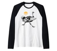 Ostrich Running with Surfboard, Retro Sun, Summer Surfing Raglan Baseball Tee