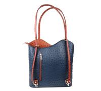 Ostrich Style Italian Leather Convertible Handbag Genuine Leather Backpack Classic Shoulder Bag Elegant Women's Multi-wear Bag (Navy and Tan)