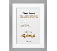 OSUK Silver A1 Frame With A2 Mount - Modern Photo Frame With White Mount - Clear Perspex Front & Wall Mounting Poster Frame - Silver A1 Picture Frame With A2 White Mount