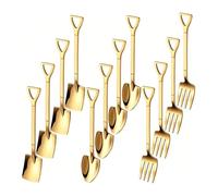 OT-NVWOZR 12PCS Shovel Spoon Fork Set, Stainless Steel Spade Shape Dessert Spoons Tableware, Creative Teaspoons Ice Cream Spoons Coffee Spoon for Fruit Cake Family Party-Gold