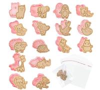 OT-NVWOZR 16PCS Animals Cookie Cutters with 100 Cellophane Bags, 3D Plastic Biscuit Cutters for Baking, Cute Biscuit Stamps Fun Cookie Mould for DIY Dough Chocolate Pastry Decoration (Style 1)